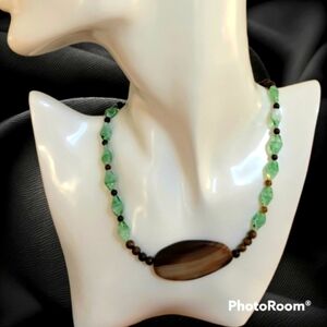 HANDMADE Brown Tiger Eye Green Czech Glass Agate Focal Beaded Necklace